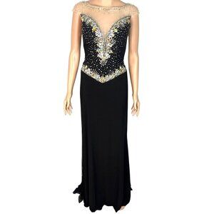 Panoply Black Rhinestone Embellished Mesh Illusion Gown Size 6 W Sheer Neckline